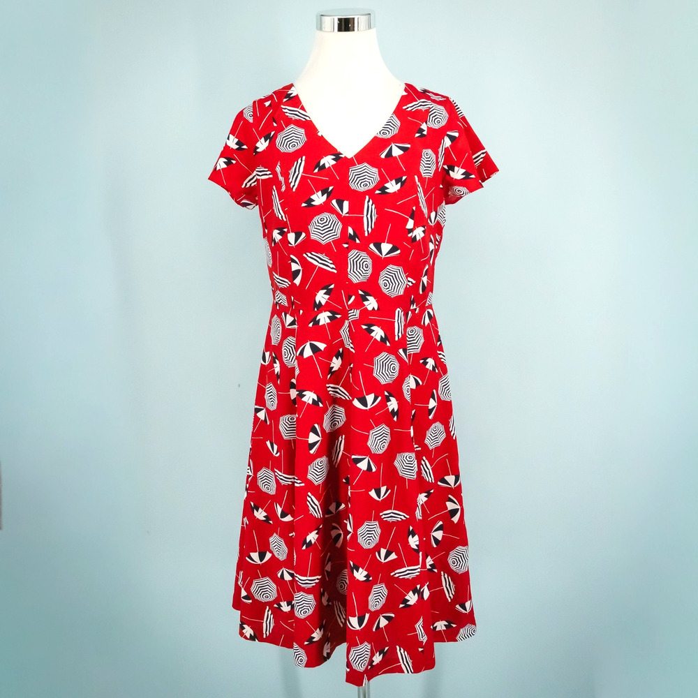 Talbots Size 6 Red Beach Umbrella Print V Neck Short Sleeve Fit Flare Midi Dress